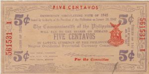 S-640a Negros Occidental 5 Centavos note with Encarnacion signature. Banknote