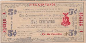 S-641 Negros Occidental 5 Centavos note with Ramos Signature. Banknote