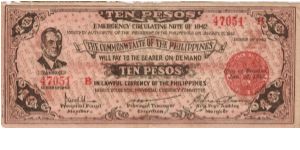 S-649a Negros Occidental 10 Pesos note on bond paper and with pesos on reverse facing in. Banknote