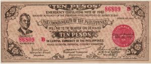 S-649c Negros Occidental 10 Pesos note on bias paper with pesos on reverse facing in. Banknote