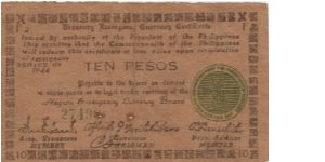 S-676a Negros Emergency Currency 10 Pesos note, plate F2. Banknote