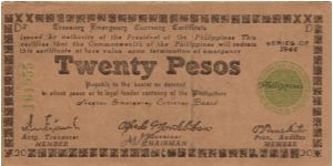 S-680a Negros Emergency Currency 20 Pesos note, plate D2. Banknote