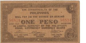 S-139a Bohol Emergency Currency 1 Peso note, missing auditor's initial. Banknote