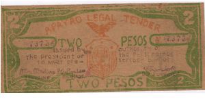 S-113 Apayao Legel Tender 2 Pesos note with countersign on reverse. Banknote