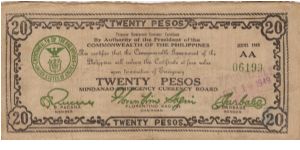 S-499a Mindanao Emergency Currency 20 Pesos note with counterstamp on front. Banknote