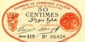 ALGERIA, Town of Algiers,50 Centimes FRANC ALGER 1915, sans filigrane. imprimé en orange et noir, deux signatures série et numéro, en noir. IMP. JOURDAN en bas à gauche, ALGER en bas à droite / imprimé en orange. (ALGER ALGÉRIE) Banknote