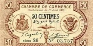 ALGERIA, Town of BOUGIE and SETIF (Now Town of Béjaia)50 Centimes FRANC BOUGIE, SETIF 1915,sans filigrane. imprimé en brun et noir, deux signatures série et numéro, en noir. IMP. JOURDAN en bas à gauche, ALGER en bas à droite / imprimé en brun. (BOUGIE, SETIF ALGÉRIE). Banknote