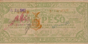 S-394 RARE Leyte Emergency Currency Board 1 Peso note. Banknote