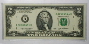 US 2 Dollar collectors note district A 2003 series A, The serial number starts with the year that it was printed Banknote