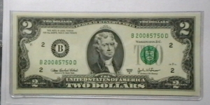 US 2 Dollar collectors note district B 2003 series A, The serial number starts with the year that it was printed Banknote