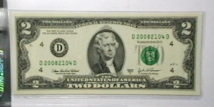 US 2 Dollar collectors note district D 2003 series A, The serial number starts with the year that it was printed Banknote