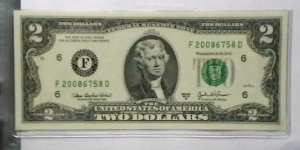 US 2 Dollar collectors note district F 2003 series A, The serial number starts with the year that it was printed Banknote