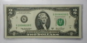 US 2 Dollar collectors note district G 2003 series A, The serial number starts with the year that it was printed Banknote