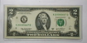 US 2 Dollar collectors note district K 2003 series A, The serial number starts with the year that it was printed Banknote