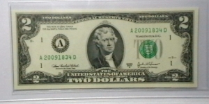 US 2 Dollar collectors note district A 2003 series A, The serial number starts with the year that it was printed Banknote