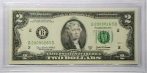 US 2 Dollar collectors note district B 2003 series A, The serial number starts with the year that it was printed Banknote