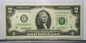 US 2 Dollar collectors note district C 2003 series A, The serial number starts with the year that it was printed Banknote