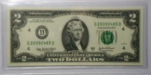 US 2 Dollar collectors note district D 2003 series A, The serial number starts with the year that it was printed Banknote