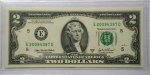 US 2 Dollar collectors note district E 2003 series A, The serial number starts with the year that it was printed Banknote