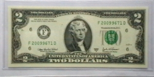 US 2 Dollar collectors note district F 2003 series A, The serial number starts with the year that it was printed Banknote