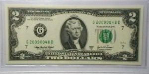 US 2 Dollar collectors note district G 2003 series A, The serial number starts with the year that it was printed Banknote