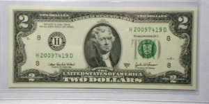 US 2 Dollar collectors note district H 2003 series A, The serial number starts with the year that it was printed Banknote