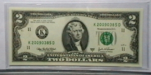 US 2 Dollar collectors note district K 2003 series A, The serial number starts with the year that it was printed Banknote