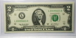US 2 Dollar collectors note district L 2003 series A, The serial number starts with the year that it was printed Banknote