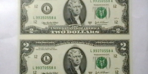 US 2 dollar note, district L 2003 series A, 2 piece un-cut sheet Banknote
