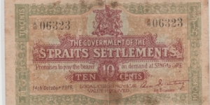 Straits settlement 10 Cents Ag. treasury Banknote