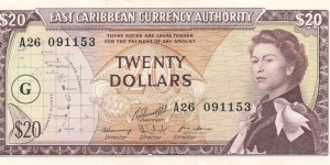 East Carribean Currency Authority / Twenty Dollars / G overprint Banknote