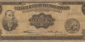 PI-133a RARE English Series 1 Peso note with signature group 1, Q prefix, and gold GENUINE underprint. Banknote