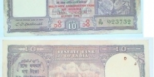 Military Administration of Burma. 10 Rupees. Overprint on Indian note. George VI.  Banknote