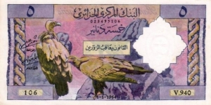 5 Dinars Algeria 1964, Griffon vulture Banknote