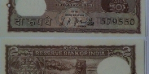 2 Rupees. LK Jha signature. Tiger. Banknote