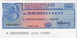 *Emergency Notes __  Local Mini-Check* __
200 Lire __ pk# NL __ Istituto San Paolo di Torino __ 06.09.1976  Banknote