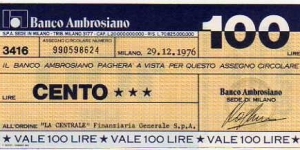 *Emergency Notes __ Local Mini-Check* __ 100 Lire __ pk# NL __ Banco Amrosiano __ 29.12.1976 __ Milano Banknote