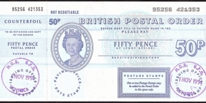 Dominica 1994 50 Pence postal order.

Although Dominica is a republic,it has issued both banknotes & postal orders depicting Queen Elizabeth II. Banknote