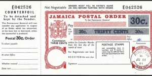 Jamaica 1991 30 Cents postal order. Banknote