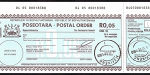Bophuthatswana 1985 5 Cents postal order.

Mafikeng is better known as Mafeking. Banknote