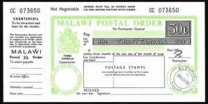 Malawi 1996 30 Tambala postal order. Banknote