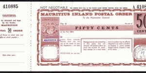 Mauritius 1980 50 Cents postal order.

The printer's name is located at the bottom on the front. Banknote