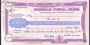 Nigeria 1995 250 Naira postal order.

The printer's name is up the left hand side on the front. Banknote