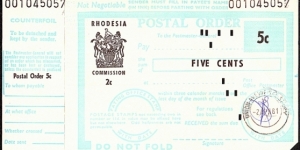 Rhodesian Remainder Issue 1981 5 Cents postal order.

Cardboard. Banknote