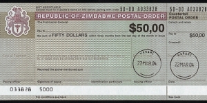 Zimbabwe 2004 50 Dollars postal order. Banknote