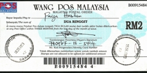 Pahang 1999 2 Ringgit postal order.

Issued at Maran,Pahang,& cashed at Satok, Sarawak.

Cashed postal orders are quite scarce. Banknote