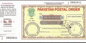 Pakistan 2007 20 Rupees postal order. Banknote