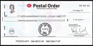 England 2010 50 Pence postal order.

Issued on the last day at the London 2010 Festival of Stamps. Banknote