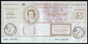 England 2002 5 Pounds postal order. Banknote