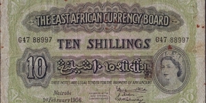 East Africa 1956 10 Shillings.

Used in the British Somaliland Protectorate (now the Republic of Somaliland),Kenya,Tanganyika,Uganda,& Zanzibar. Banknote